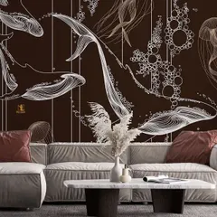 This mockup shows an elegant line-art wallpaper featuring whales and jellyfish on a light background. The delicate, flowing lines create a sense of movement and artistry.
