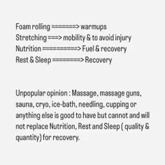 Here's my unpopular opinion on recovery. Fancy tools like massage guns, cryo, and cupping are nice to have, but they will never replace the foundational pillars of recovery: nutrition, rest, and sleep. Keep it simple.