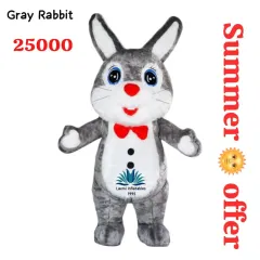 A charming Gray Rabbit character costume, complete with a red bow tie. This mascot is ideal for Easter events, birthday parties, or as a friendly character for your business.