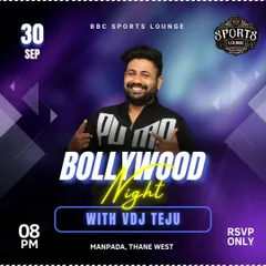 A clean and sharp poster for a "Bollywood Night" at BBC Sports Lounge, highlighting me as the featured VDJ.
