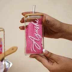 A personalized glass can-style tumbler with the name 'Ayushi', a chic and trendy gift for a friend's birthday or as a bridesmaid proposal.
