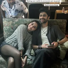 A behind-the-scenes moment from the 'Razdariyan' set with actors Prajakta Koli and Taaruk Raina. My job is to make sure every element of the outfit and accessories is perfectly in place before the camera rolls.