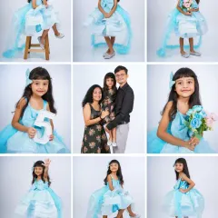 Celebrating five years! This studio collage shows the many moods of a birthday girl, from posing with her "5" to holding flowers. It's a great way to capture the personality of your child at this fun age.