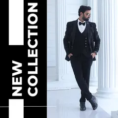 Make a statement with this black tuxedo featuring subtle star-patterned embroidery. It's a modern twist on a classic look.