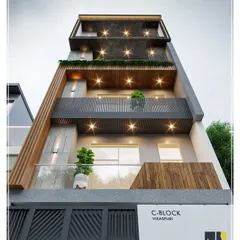 A night view of our upcoming residential project in Vikaspuri, highlighting the impact of strategic lighting. The combination of WPC louvers, grey tiles, and black MS railings creates a dramatic and sophisticated exterior after dark.