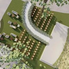 A 3D render of an elegant outdoor reception. This visual preview helps our clients see exactly how the aisle, seating, and stage will look, ensuring every detail is perfect.