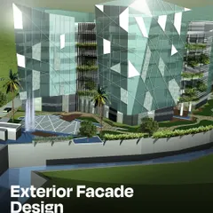 A 3D render of a futuristic exterior facade concept inspired by the facets of a diamond. This design demonstrates our capability in large-scale architectural projects, using geometric glass panels and integrated greenery to create a visually striking and sustainable structure.