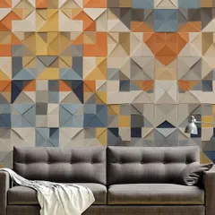 Even with neutral furniture like this grey sofa, the 3D wall tiles bring personality and warmth to the space. They are an easy way to introduce color and texture without overwhelming the room's minimalist aesthetic.