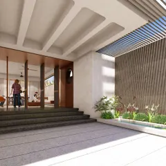 A concept render for the entrance of an 8000 sqft villa. We designed a semi-covered interactive space where the play of light and shadow through the pergola and water feature creates a dynamic and welcoming approach.