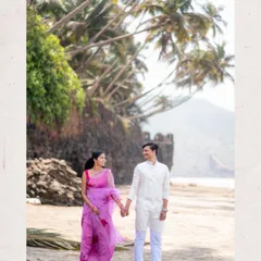A classic walking shot from a beach pre-wedding session. I capture both posed and candid moments as you walk hand-in-hand, telling a story of your journey together against a beautiful coastal backdrop.