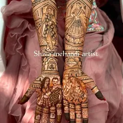 This full-arm mehendi tells a complete story, starting with family portraits on the palms and extending to illustrations of the couple and wedding rituals on the forearms.