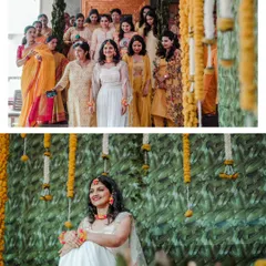 From the grand entrance with her bride tribe to a serene portrait against a traditional backdrop, these photos capture the different moods of a Haldi celebration.