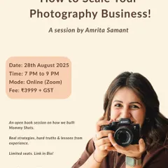 An announcement for a live online session on "How to Scale Your Photography Business," promising real strategies and hard truths.