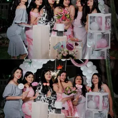 The bride and her squad posing for photos at the bridal shower. We create beautiful backdrops that are perfect for group pictures and memories.