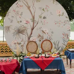 The serene and beautiful setup for the outdoor Paebaek ceremony, featuring a custom backdrop with delicate floral painting. I designed this space to be both traditional and aesthetically pleasing.