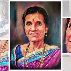 A close-up of a finished 24" x 30" acrylic portrait. I focused on capturing the warmth in her eyes and the gentle smile. The details in her saree and the traditional gold jewelry were painted with many layers to give them a realistic, textured feel.