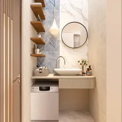 A powder room that speaks elegance. This small space makes a big impact with its mix of herringbone tiles and marble, a floating vanity, and stylish open shelves for a functional yet sophisticated look.