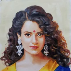 An oil portrait of the talented Kangana Ranaut, focusing on her expressive eyes and beautiful curls.