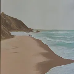 The same beach painting seen in my studio before framing. The neutral color palette makes it a versatile piece of home decor for a living room or bedroom.