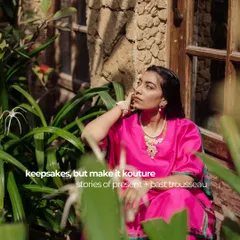 The final look: a vibrant pink kaftan set created from a cherished heirloom saree. This is what we call 'Keepsakes Kouture', where stories of the past and present are woven together into a single, meaningful outfit.