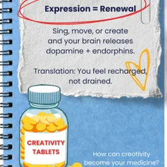 Creative expression is renewal. When you sing, move, or create, your brain releases dopamine and endorphins, making you feel recharged, not drained. Creativity can be your medicine.