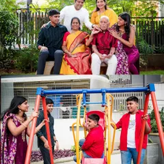 A collage showing a multi-generational family posing for a portrait and then having fun on a swing set. We capture both the posed and the playful moments.