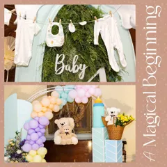 This collage from a teddy bear-themed baby shower shows some of the sweet details. I included a clothesline with baby clothes and a balloon arch with adorable teddy bears to create a whimsical atmosphere.