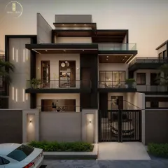 A preview of our upcoming modern luxury villa in Gwalior. This design emphasizes clean lines, a bold contrast of black and white materials, and large glass windows to create a sense of open, light-filled living. The strategic use of wood accents and integrated lighting adds warmth and sophistication.