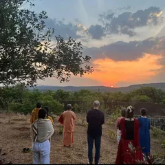 A group of students joins me for a sunrise meditation at the ashram. Sharing these moments of stillness and natural beauty is a core part of our community practice and sadhana.