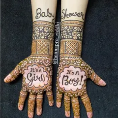 A fun way to celebrate your baby shower. This design keeps the suspense with 'It's a Girl!' on one hand and 'It's a Boy!' on the other, surrounded by festive patterns.