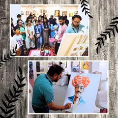 A live painting demonstration in progress at one of our art events. An artist is captured creating a portrait on canvas, drawing a crowd of curious onlookers and fellow artists, showcasing the interactive and engaging nature of our exhibitions.