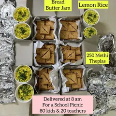 An early morning delivery for a school picnic. I packed Bread Butter Jam sandwiches, Lemon Rice, and 250 Methi Theplas to feed 80 kids and 20 teachers.