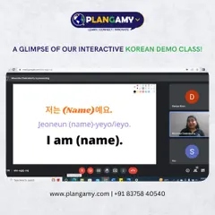 This image from our Korean demo class shows how we teach practical phrases, like how to introduce yourself, in an interactive online setting.