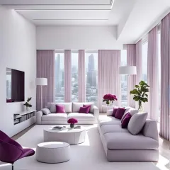 A soft lavender and rich plum color scheme gives this modern living room a unique and sophisticated personality. Floor-to-ceiling windows flood the space with light, highlighting the clean lines of the furniture and the minimalist decor.