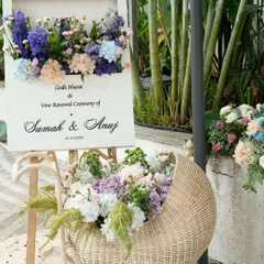 The welcome sign for the Godh Bharai, featuring a unique floral installation in a wicker bassinet. This was a sweet and thematic nod to the baby shower celebration.