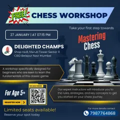 We regularly host free workshops for beginners to get their first taste of the game. This is an advertisement for a past event at our Navi Mumbai center, designed to introduce children aged 5 and up to the rules and strategies of chess.