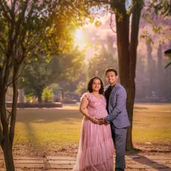 An outdoor maternity session for an expecting couple, using the beautiful golden hour light in a park setting. This style is perfect for capturing the warmth and anticipation of your journey to parenthood.