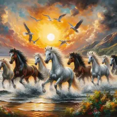 This large painting of seven running horses is a powerful symbol of success and forward momentum, making it a popular choice for both homes and offices according to Vastu principles.