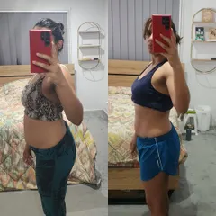Here's a side view of Shreya's progress, showing a significant reduction in body fat and improved posture. Her goal was to build upper body and core strength for trapeze, and we did it by focusing on progressive overload with weights at home.
