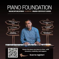 Here are the core components of our Piano Foundation course at a glance. This 6-month graded certificate program is designed to give you a solid base, covering everything from technique and theory to playing across genres and composition basics. We provide structure, support, and personal feedback to guide your journey.