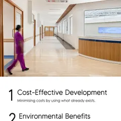 Our adaptive reuse strategy delivers cost-effective development by leveraging existing structures and provides significant environmental benefits by reducing construction waste and conserving resources. This approach is fundamental to building sustainable healthcare infrastructure.