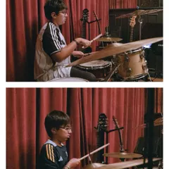 Two brothers rocking the drum kit together. Our flexible programs allow for unique pairings, helping students find their rhythm with friends and family.