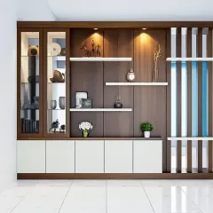A stylish partition unit that separates a space without closing it off completely. The design combines a closed cabinet, open display shelves, and a decorative slatted screen, blending storage with aesthetic appeal.
