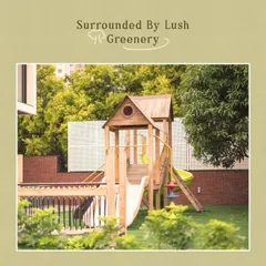 Our wooden play structure is a central feature of our outdoor area. Surrounded by soft turf and greenery, it’s a safe and inviting place for children to develop gross motor skills, engage in imaginative play, and build friendships.