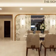 A view of the elegant dining space, defined by botanical wallpaper panels and stylish wall sconces. The design creates a formal yet welcoming atmosphere for entertaining.
