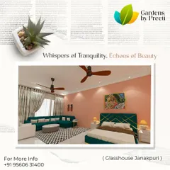 A render of a bedroom in the Janakpuri glass house project, showcasing a color palette of blush pink and deep teal. The design creates a tranquil and beautiful space with a modern, sophisticated feel.