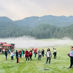 A wide view of our group celebrating the morning with arms raised, feeling the expansive energy of the Himalayan landscape. The background shows the dense deodar forests that circle the Khajjiyar valley.