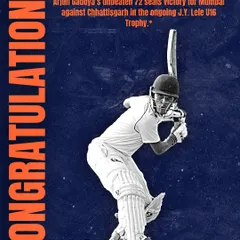A graphic celebrating Arjun Gadoya's match-winning 72 not out for the Mumbai U-16 team. Clutch performances are what we train for.