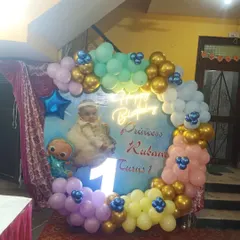 Princess Rubani's first birthday with a Cocomelon theme in Palam. This decoration features a custom circular backdrop with her photo and characters from the show.