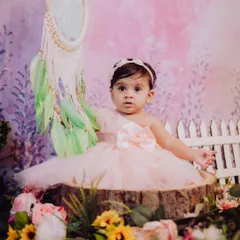 A portrait of a baby girl in a beautiful pink dress, seated on a tree stump prop with a dreamcatcher in the background. The floral and bohemian elements create a unique, artistic look.